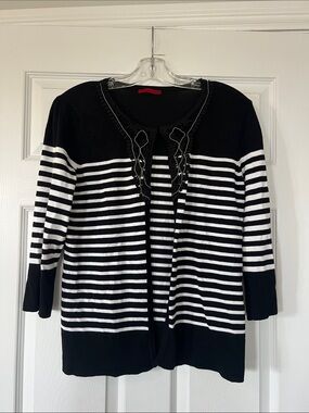 Red Black and White Striped Knit Top with Crochet Trim